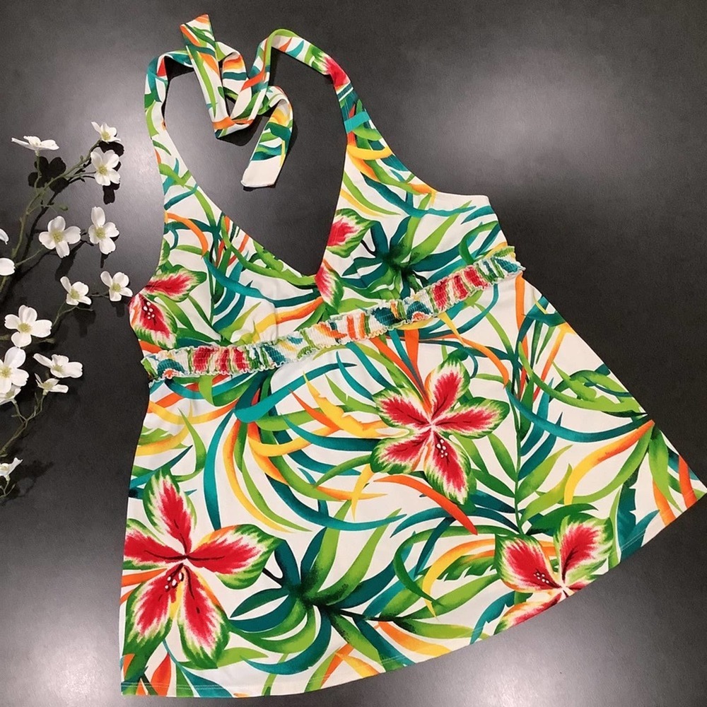 Motherhood Maternity Tankini Swimsuit Top Tropical Floral Botanical Print Halter